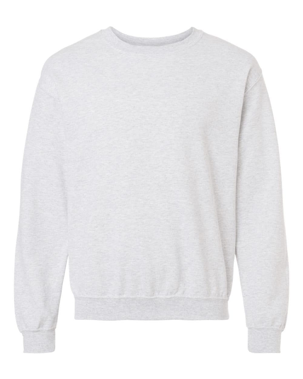 Front view of an ash Gildan 18000 Heavy Blend crewneck sweatshirt